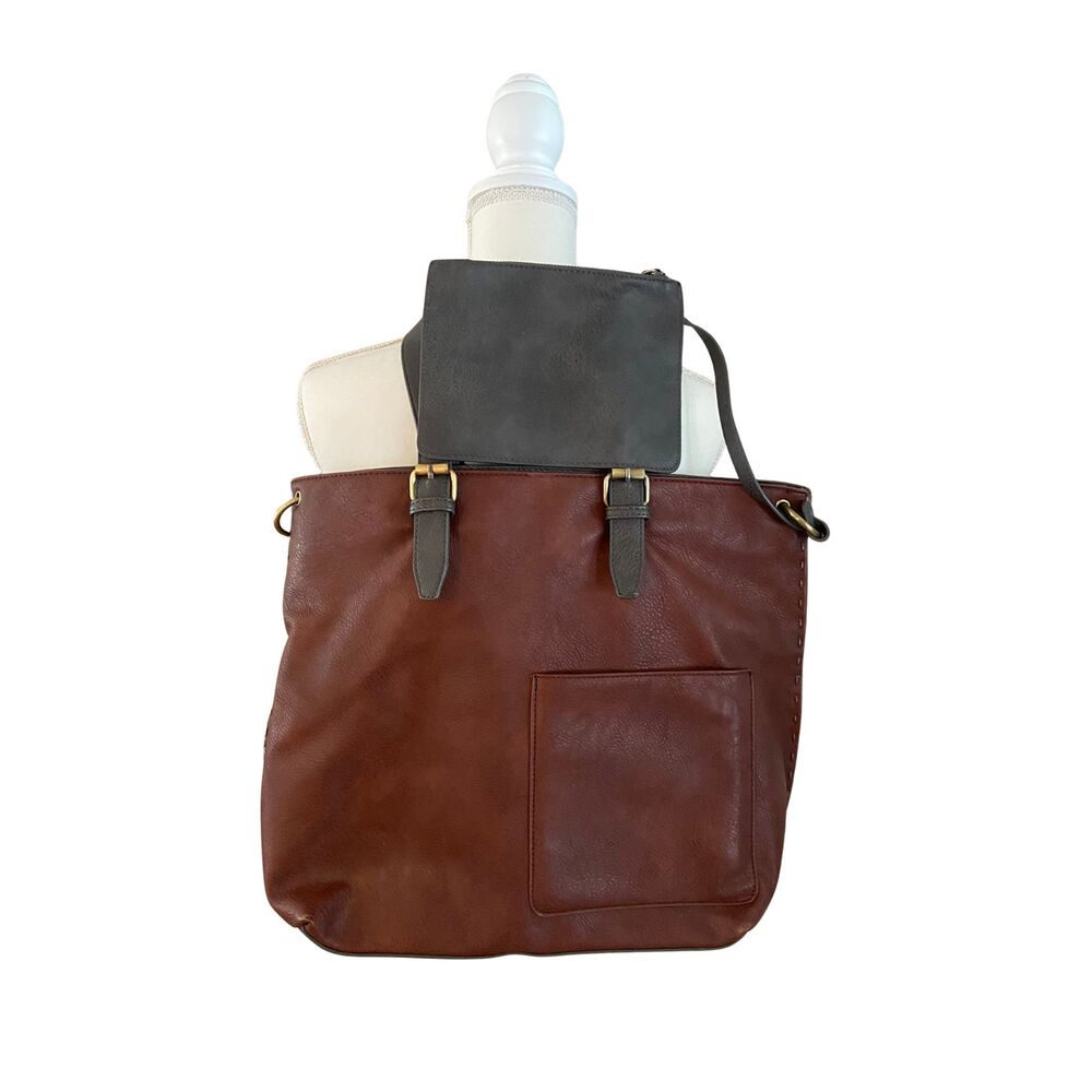 Shiraleah Chicago Tote Bag Purse Brown w/ Charcoal Trim Shoulder Strap 19”